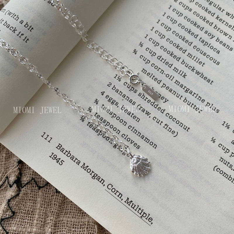 S925 Sterling Silver Wrinkled Texture Shell Necklace for Women Korean Simple Retro Niche Design Hot-Selling Collarbone Chain
