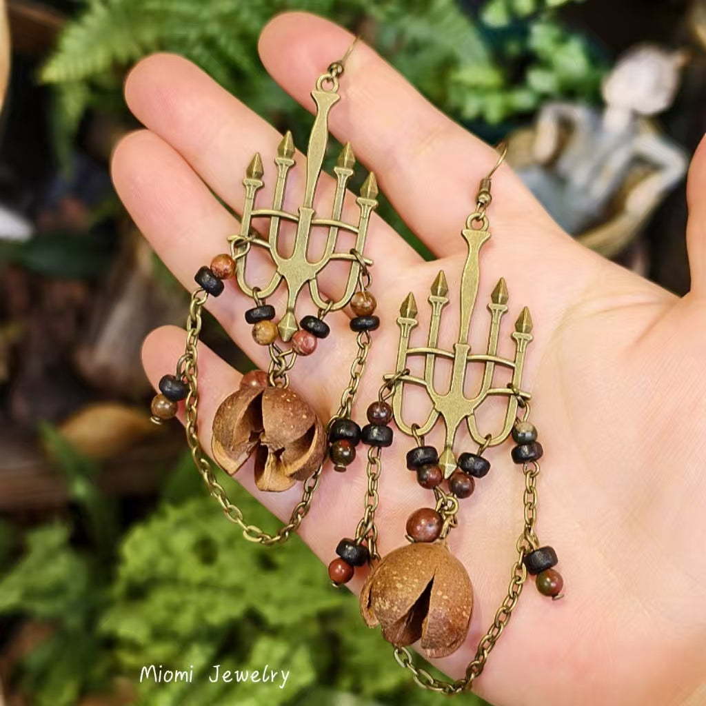 Forest-Style Vintage Niche Long Lolita Dark Gothic Palace-Style Plant Dried Fruit Bead Tassel Candle Lamp Earrings
