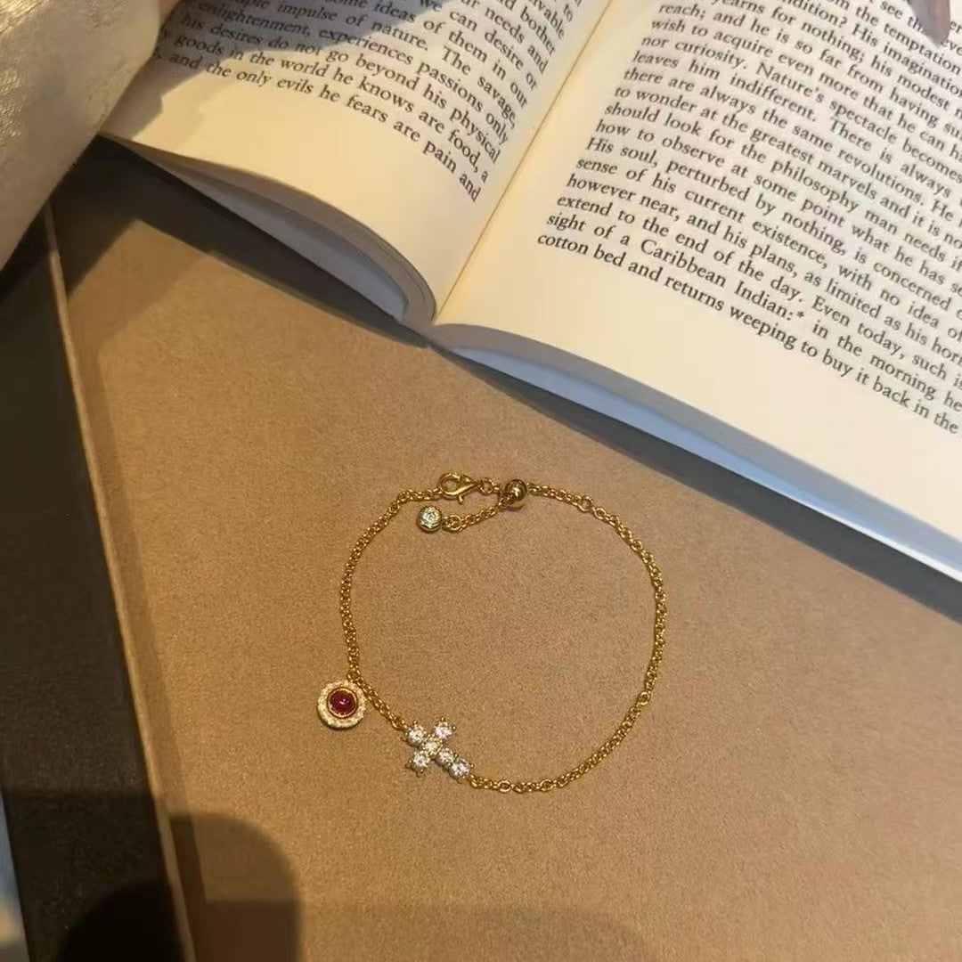 Sterling Silver S925 Ruby Cross Bracelet Fashionable Elegant Light Luxury Simple Exquisite High-end Daily Style