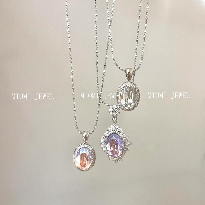 S925 Sterling Silver French Style Brilliant Violet Ice Flower Zircon Necklace Pigeon Egg Oval Pendant Full Diamond