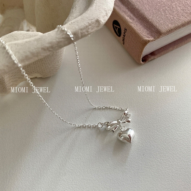 S925 Sterling Silver Niche Design Bowknot Heart Pendant Necklace for Women