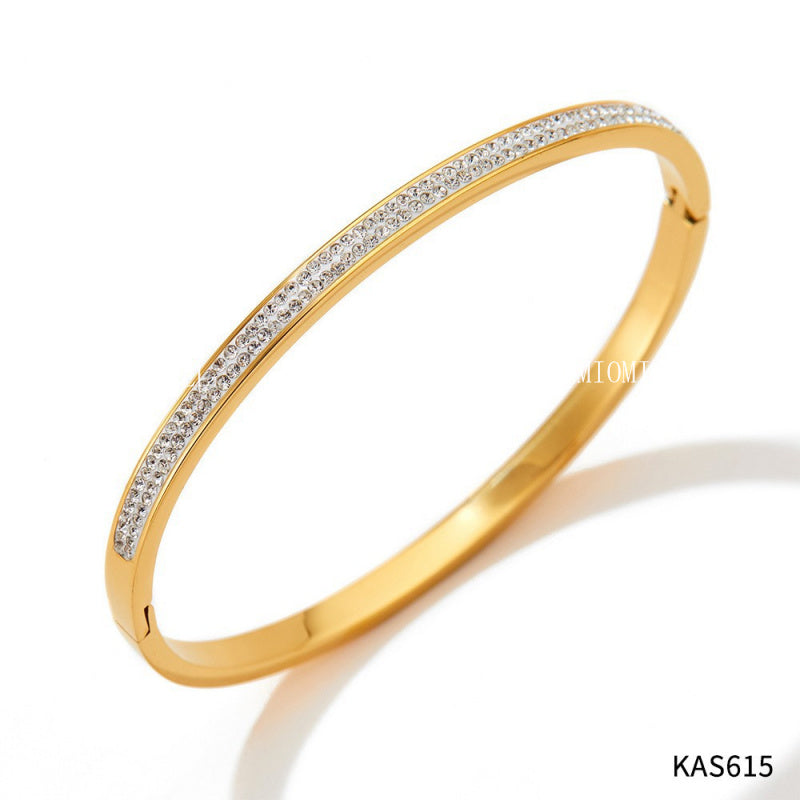Non-Fading Multiple Styles Diamond-Studded Plain Hoop Bracelet Vacation Style Eight-Pointed Star Waterproof Stackable Stainless Steel Jewelry