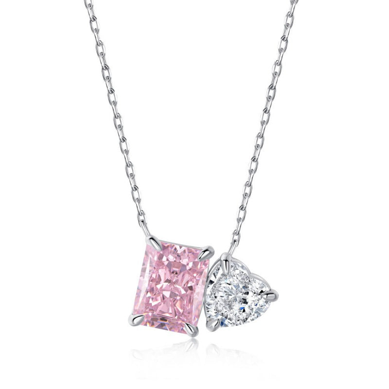 S925 Sterling Silver High Carbon Diamond Necklace for Women Ice Flower Cut Pink Heart Pendant Green Diamond High-end Collarbone Chain