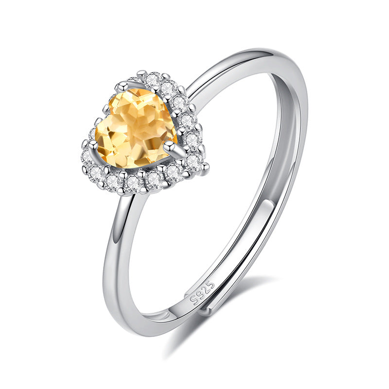 S925 Sterling Silver Ring for Women 5mm Heart-Shaped Natural Crystal Stone Ring Light Luxury High-End Classic Inlaid Jewelry