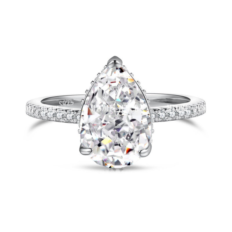 Luxury French Style S925 Sterling Silver Ring for Women with Water Drop Egg-Shaped Zircon Inlay, Exquisite Wedding Ice Flower Cut Women's Jewelry
