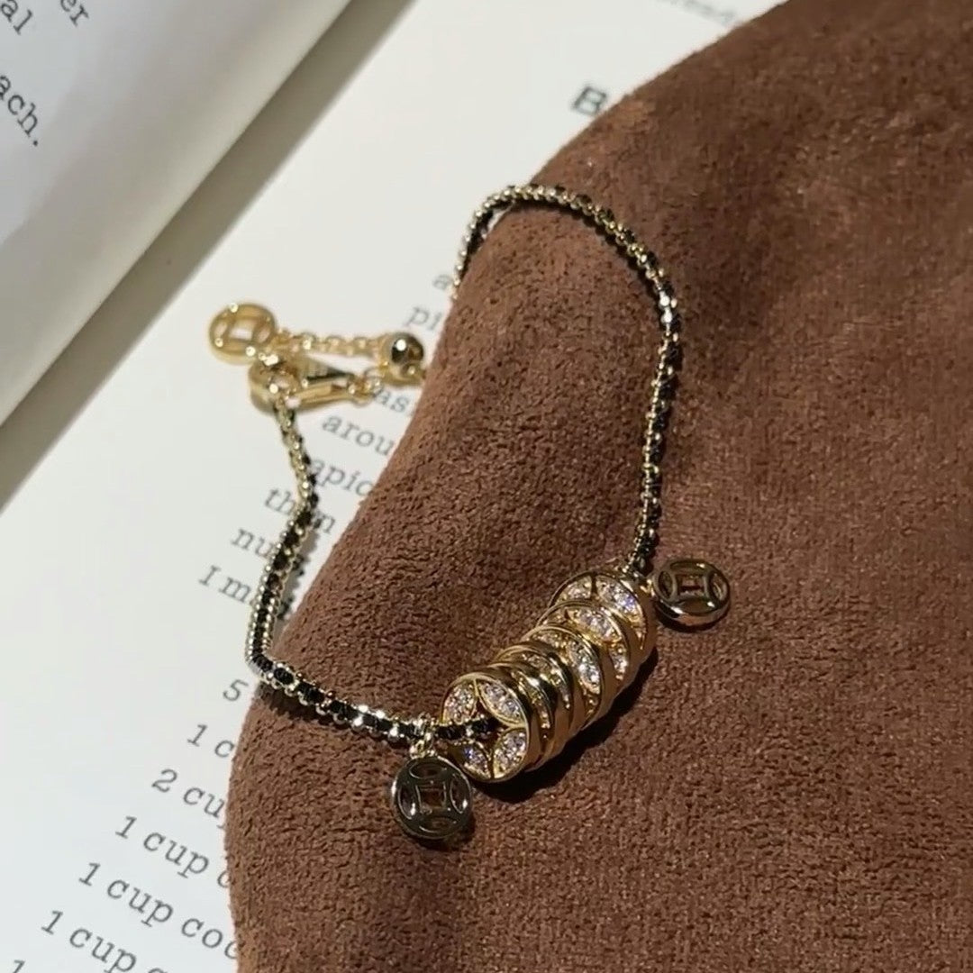 Pure Silver S925 Black Gold Bracelet Money Abundance Gold Coin Bracelet Black Rope Weaving