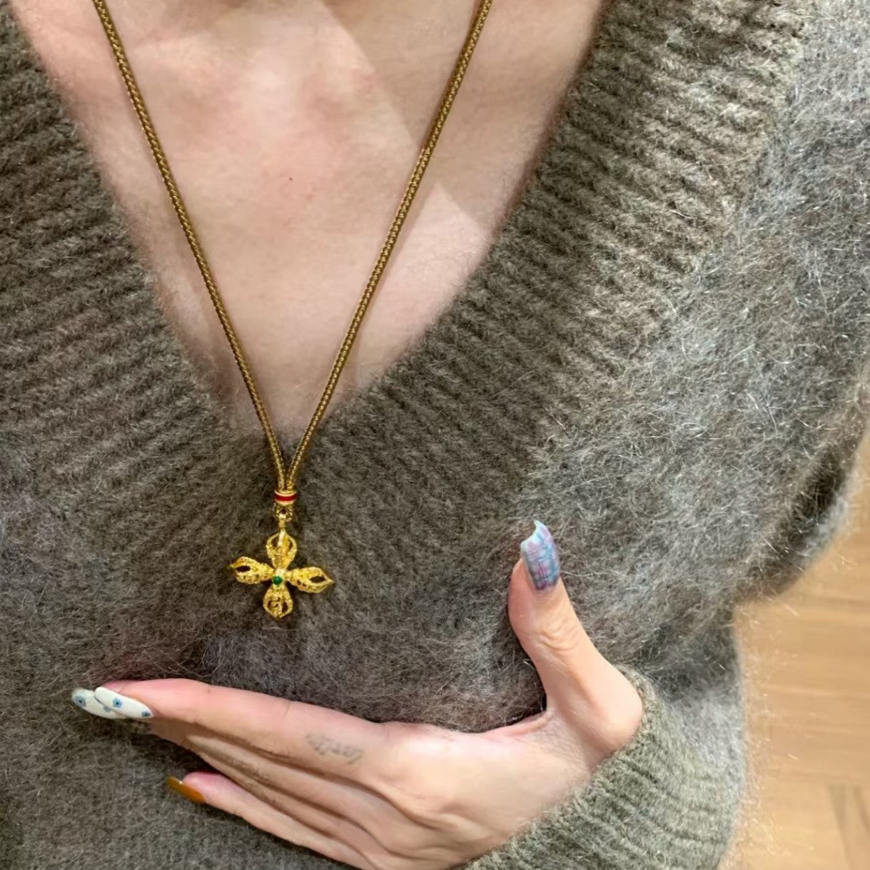 Brown Rope Necklace Pure Silver S925 Ruby Cross Vajra Necklace for Women Double-Sided Pendant Autumn Winter