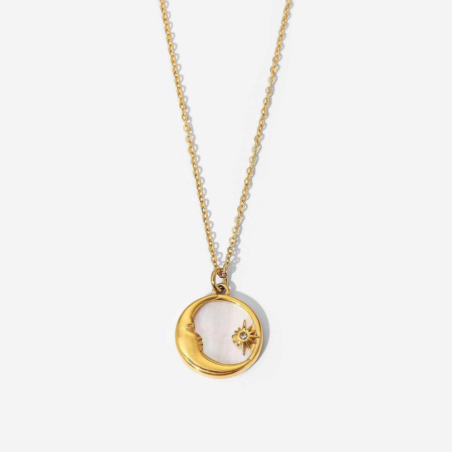 INS Style 18K Gold Titanium Steel Necklace for Women French Natural White Mother-of-Pearl Star Moon Round Pendant Stainless Steel Necklace