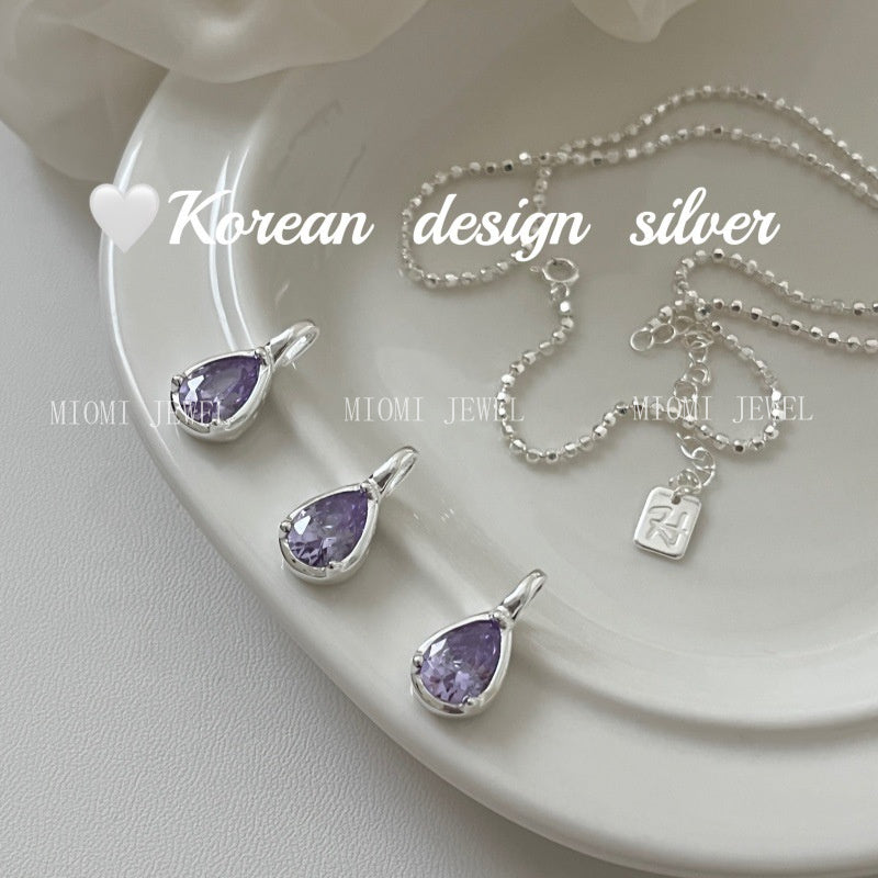 Korean Niche Simple Bright Silver Jewelry S925 Sterling Silver Water Drop Purple Zircon Pendant High-end Niche Women