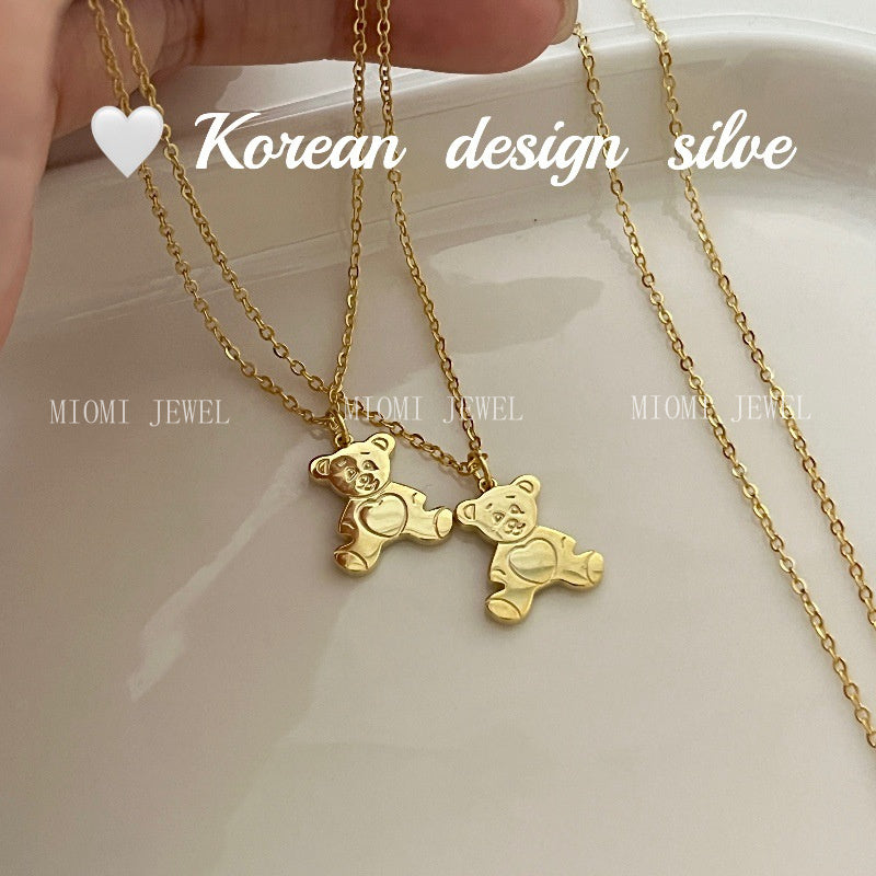 Korean Niche Design Cute Style Silver S925 Sterling Silver GoldJewelry Bear Necklace Versatile Collarbone Chain