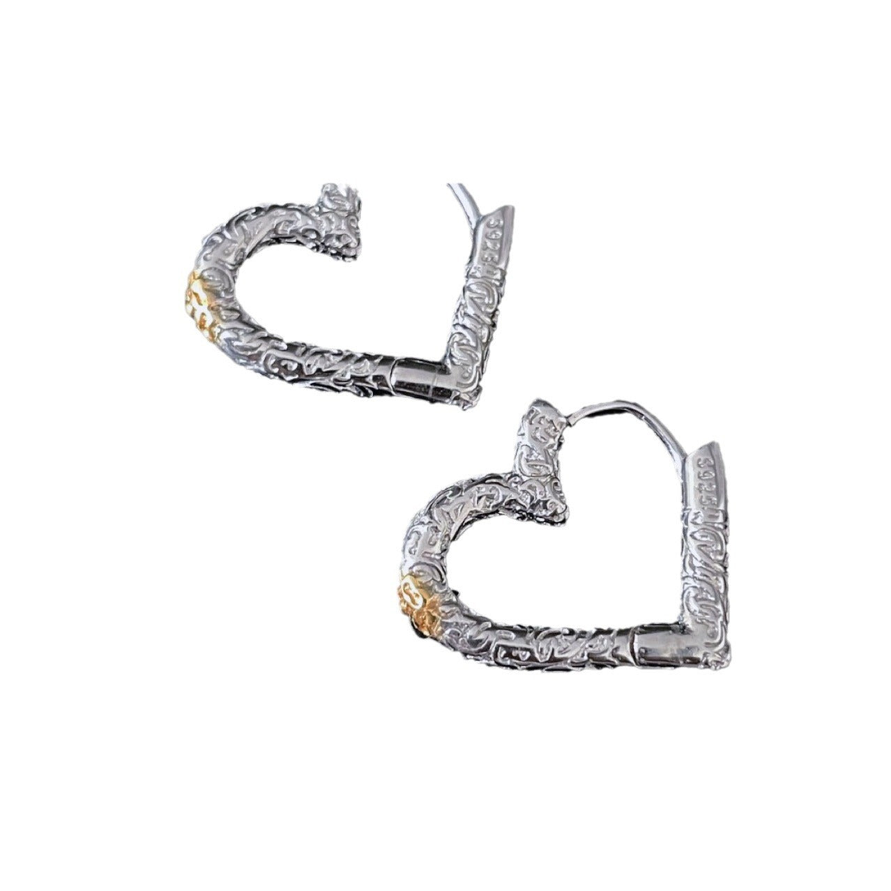 Korean Version Pure Silver 925 Silver Color Block Tang Grass Pattern Heart Earrings Studs Trendy Fashion Versatile Exquisite Heart Shape