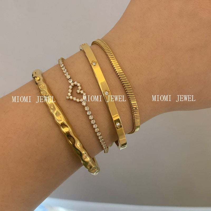 Stackable Irregular Texture Heart Jewelry Set Stainless Steel Vacuum Plating Non-Fading Autumn Winter Bracelet Bangle