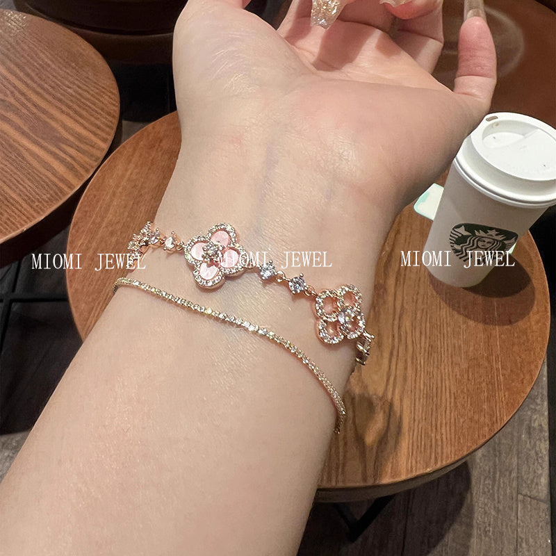E-commerce Four-leaf Clover Bracelet Micro-inlaid Zircon Pink Mother-of-Pearl New Sweet Light Luxury Elegant Niche Design Jewelry