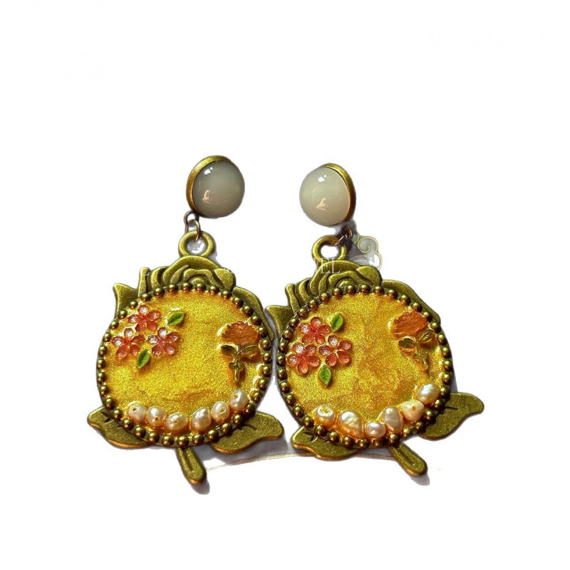 Vintage Retro Antique Jewelry Oil Painting Style Yellow Rose Exaggerated Freshwater Pearl Earrings