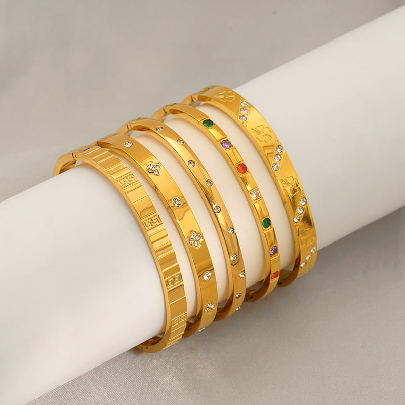 Hot-Selling Non-Fading Bracelet Titanium Steel Gold Wide Open Versatile Cuban Diamond-Studded Bracelet Factory Direct Sale