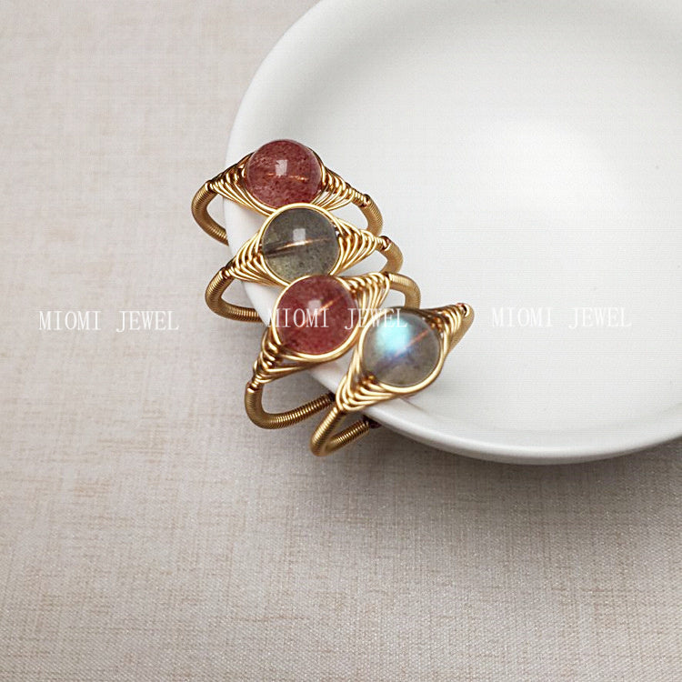 Crystal Ring 14K Gold-Filled Wire Wrapped Handmade Ring Labradorite Blood Red Strawberry Quartz Ring