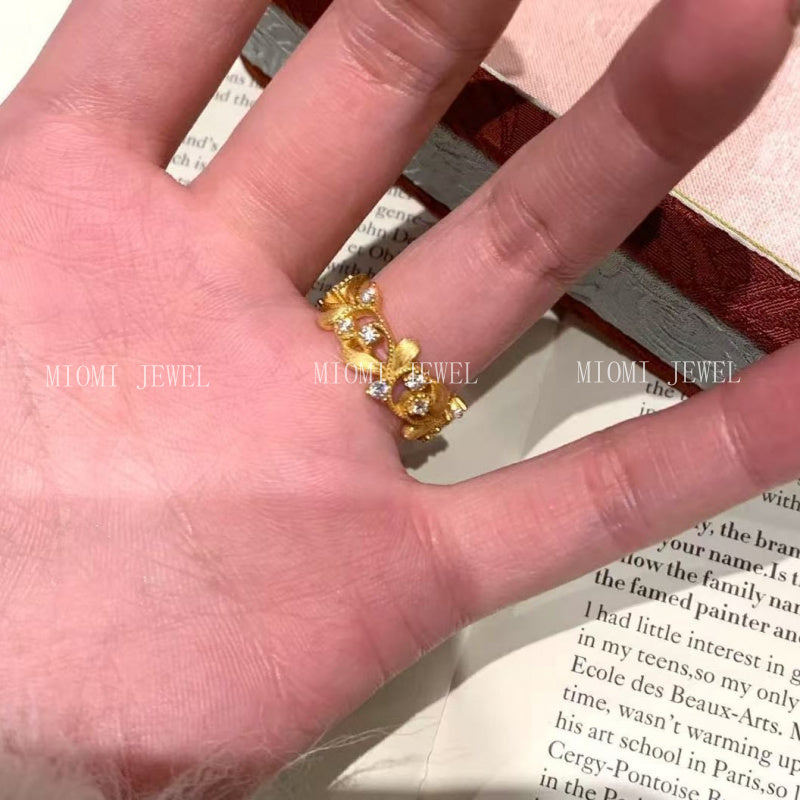 Pure Silver S925 Brushed Craft Iris Flower Ring Light Luxury High-end Niche Versatile Couple Style