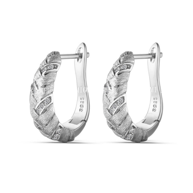 S925 Brushed Diamond-Studded Wheat Ear Woven Earrings Studs Exquisite Design Sense Light Luxury Vintage Retro