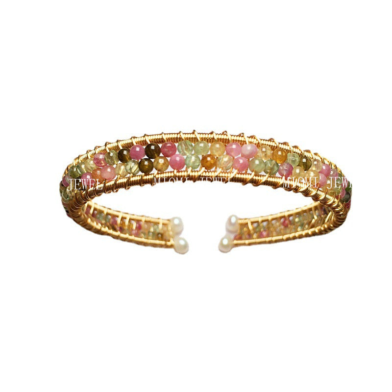 Tourmaline Bracelet 14K Gold Filled Handmade Wire Wrapping Craft Freshwater Pearl Finish Women's Stone