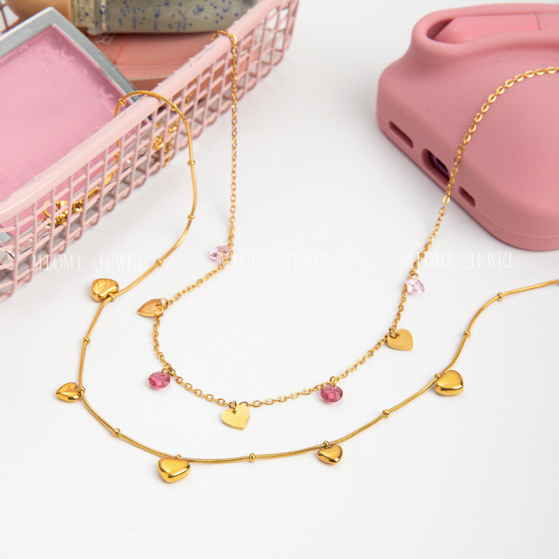 Stainless Steel 18k Gold Colorful Heart Pendant Necklace Layered Simple High-end Collarbone Chain