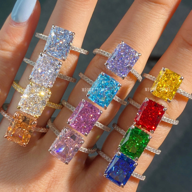 High Carbon Diamond Jewelry S925 Sterling Silver Heavy Craft Ring for Women 8A Zircon Square Ice Flower Cut Gemstone Ring
