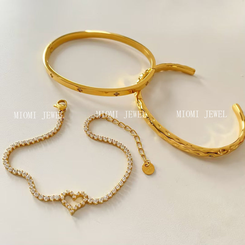 Stackable Irregular Texture Heart Jewelry Set Stainless Steel Vacuum Plating Non-Fading Autumn Winter Bracelet Bangle