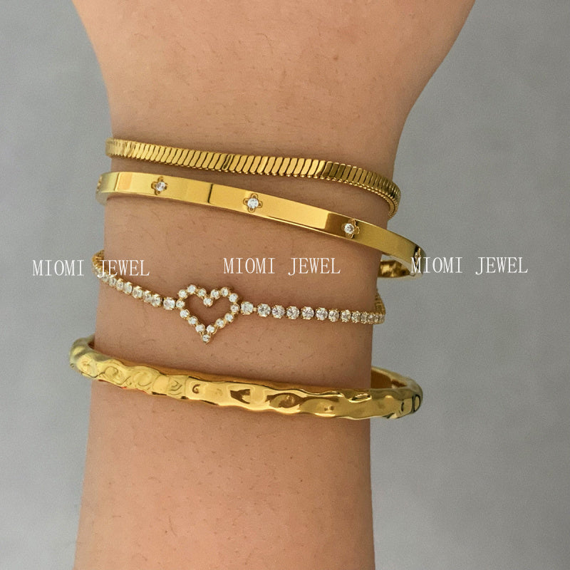 Stackable Irregular Texture Heart Jewelry Set Stainless Steel Vacuum Plating Non-Fading Autumn Winter Bracelet Bangle
