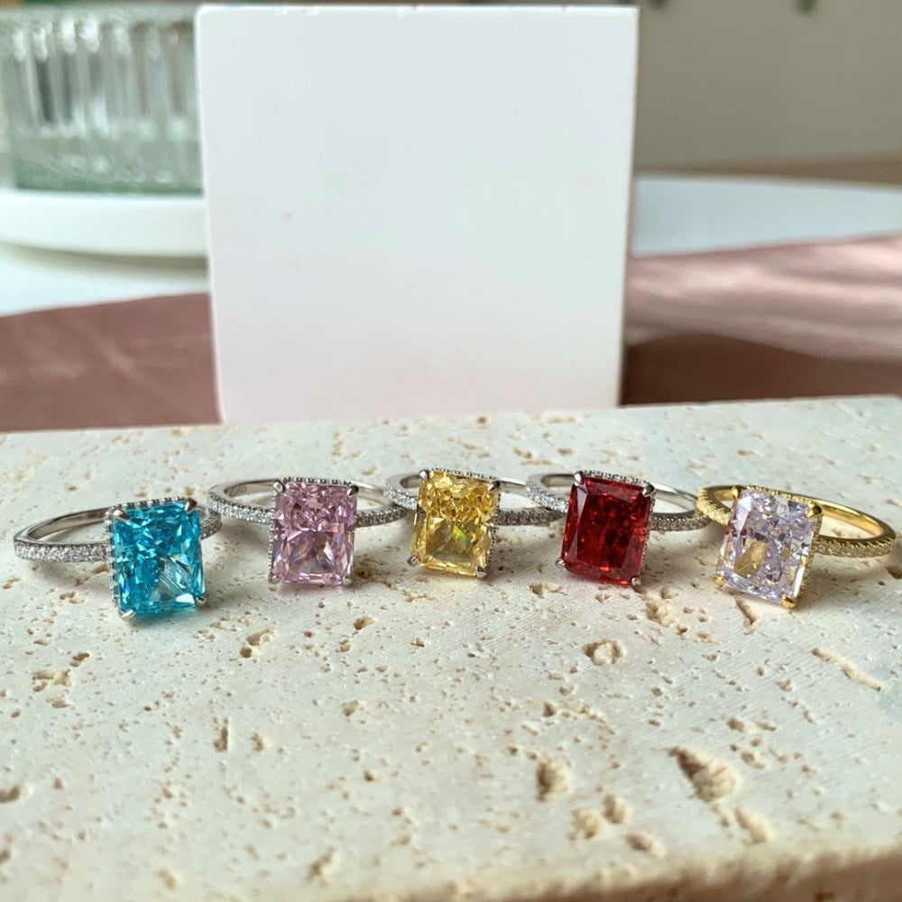 High Carbon Diamond Jewelry S925 Sterling Silver Heavy Craft Ring for Women 8A Zircon Square Ice Flower Cut Gemstone Ring