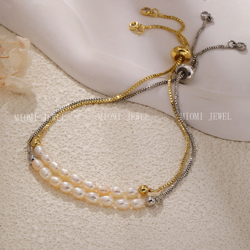 Niche Design Minimalist Freshwater Pearl Chain Stitching Bracelet Mother's Day Gift Versatile Adjustable Bracelet for Women