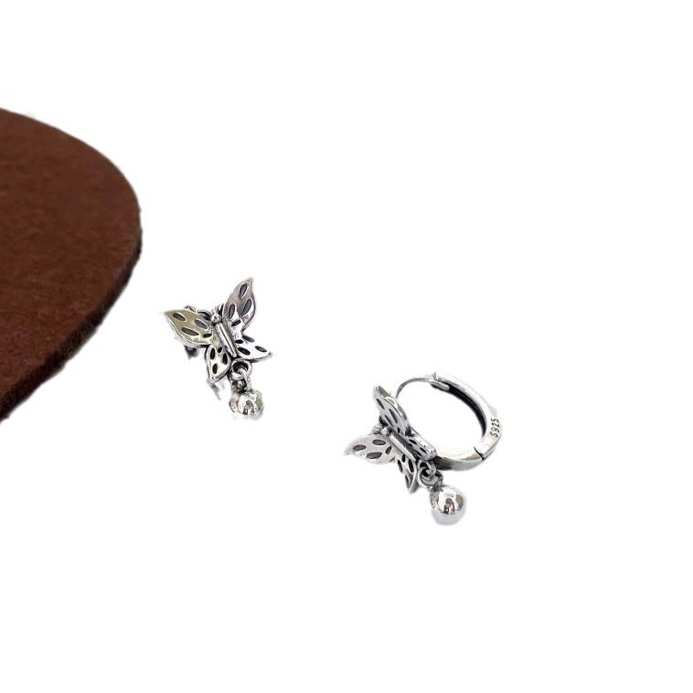 Pure Silver S925 Hollow Butterfly Dangle Ball Earrings Fashion Simple Korean Style Ear Clips Shiny Ear Jewelry