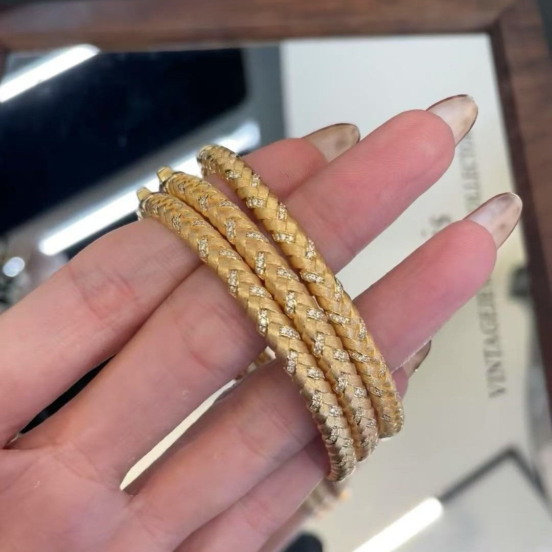 Italian Brushed Light Luxury Gold Wheat Ear Woven Bracelet with Zircon Inlay Brushed Craftsmanship Exquisite Design High-end