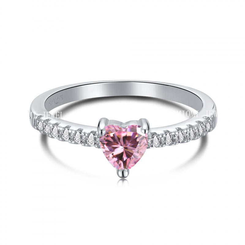 925 Sterling Silver Women's INS Heart Pink Ring Pink Diamond Sugar Cube Super Sparkling High Carbon Diamond Ring Wedding Ring