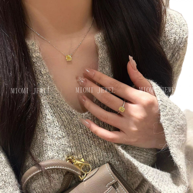 S925 Sterling Silver Lucky Yellow Diamond Ring Necklace Cushion Cut High Carbon Diamond High-end Ice Flower Cut Diamond Ring Collarbone Chain