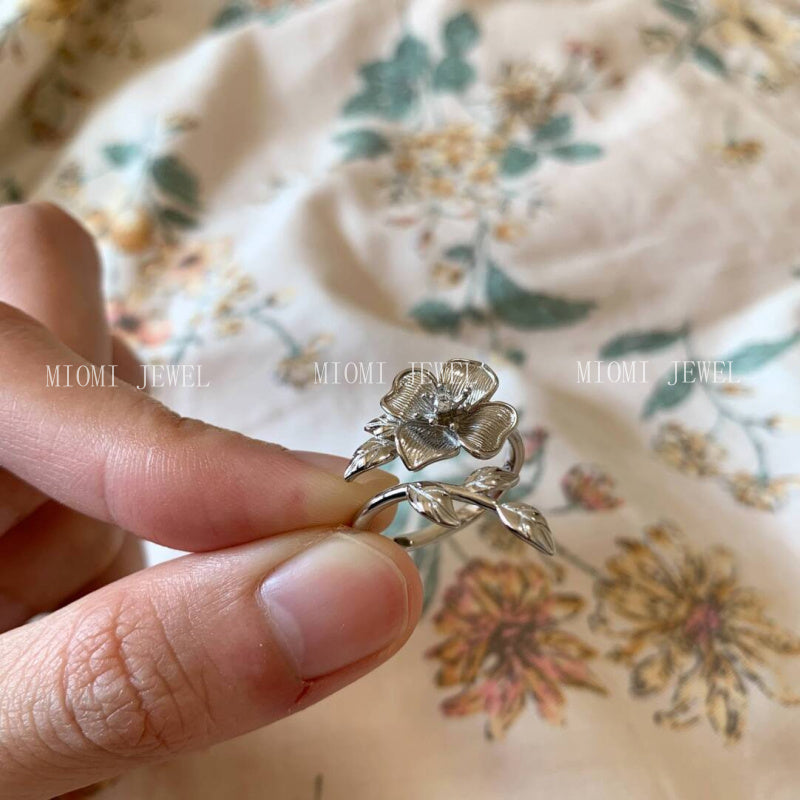 S925 Sterling Silver Four-Petal Flower Ring New Chinese Style Pastoral Niche Design High-End Light Luxury Open Ring for Women