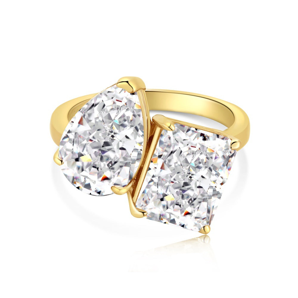 S925 Sterling Silver Double Main Stone Ice Flower Cut Ring for Women Inlaid with High Carbon Diamond Zircon European and American High-end Fashion Wedding Ring