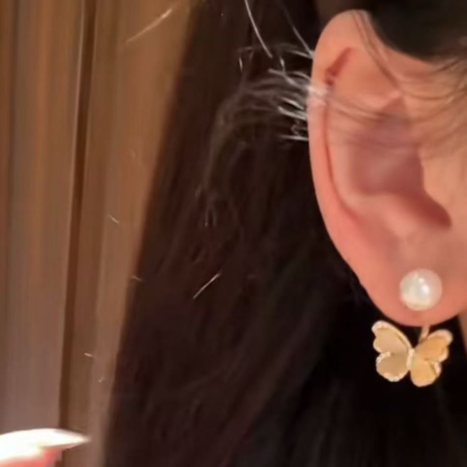 Sterling Silver S925 Brushed Craft Natural Shell Pearl Butterfly Dual-use Earrings Light Luxury Exquisite Versatile Elegant New Earrings