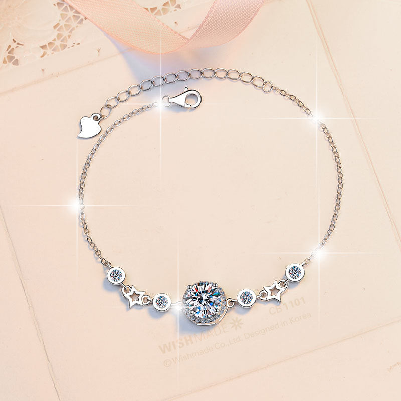 Pure Silver Bracelet Original Fashion Jewelry Simple Round Star Birthstone Jewelry Moissanite Bracelet