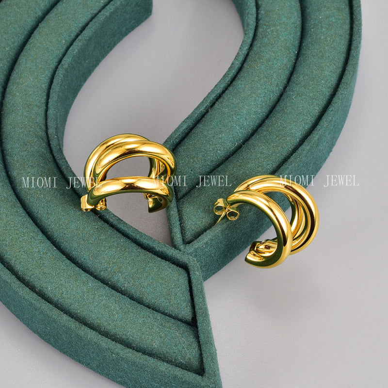 E68 Hong Kong Style Retro Three-Layer C-Shaped Hollow Round Tube Earrings Studs Wholesale Jewelry Accessories