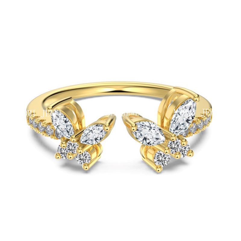S925 White Marquise Round Zircon Inlaid Butterfly Design Open Fashion Exquisite Light Luxury Korean Style Ring