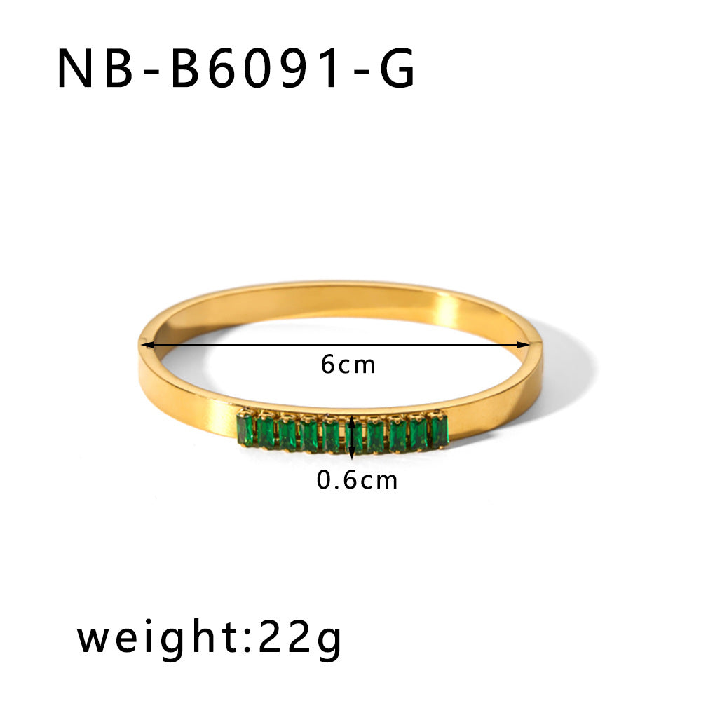 Hot-Selling Zircon Heart-Shaped Quadrilateral Geometric White Zircon Green Zircon Titanium Steel Real Gold Plated Color-Retaining Jewelry Bracelet