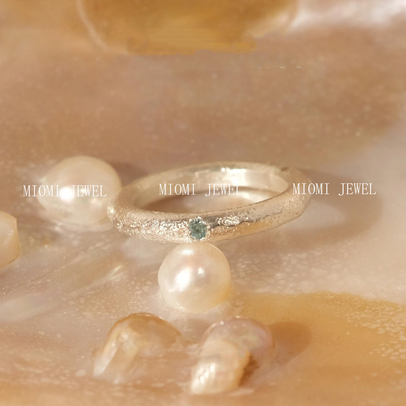 S925 Sterling Silver Brushed Aquamarine Ring for Women, Simple Style, Niche Design, Unique Matte Texture Index Finger Ring