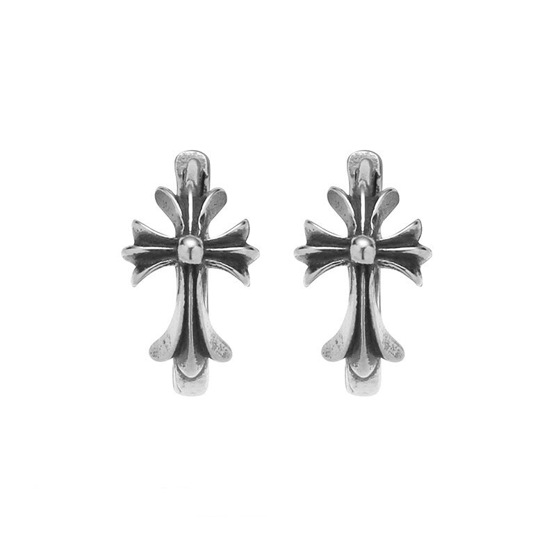 Sterling Silver S925 Cross Pendant for Men and Women Couples Trendy Punk Dongdaemun Vintage Stud Earrings Hoop Earrings