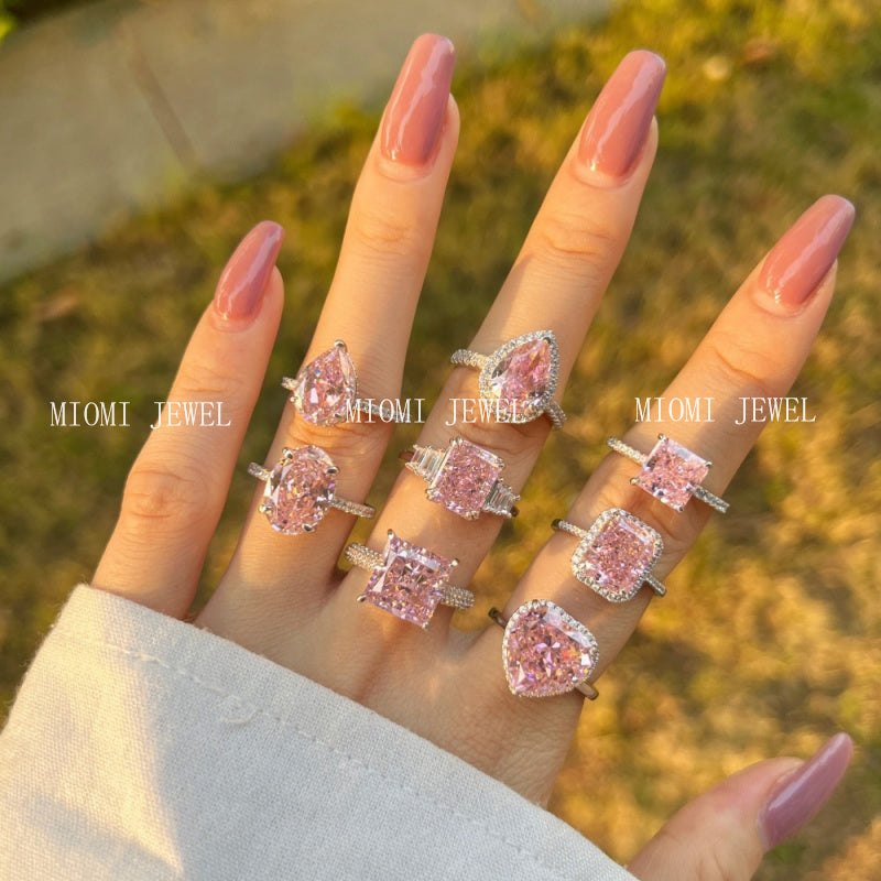 925 Sterling Silver Women's INS Heart Pink Ring Pink Diamond Sugar Cube Super Sparkling High Carbon Diamond Ring Wedding Ring