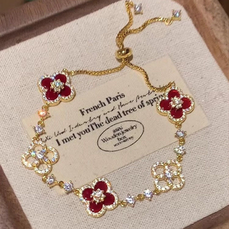 E-commerce Four-leaf Clover Bracelet Micro-inlaid Zircon Pink Mother-of-Pearl New Sweet Light Luxury Elegant Niche Design Jewelry