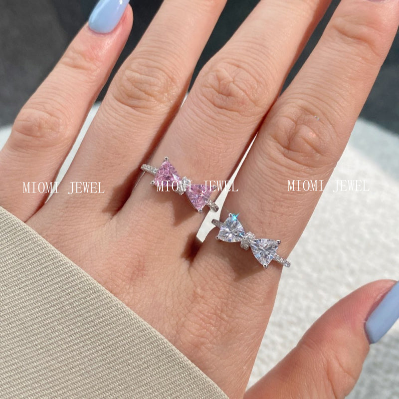 S925 Sterling Silver Ring for Women, Niche Design, High-End Luxury, Inlaid with Zircon, Triangle Bowknot Ring