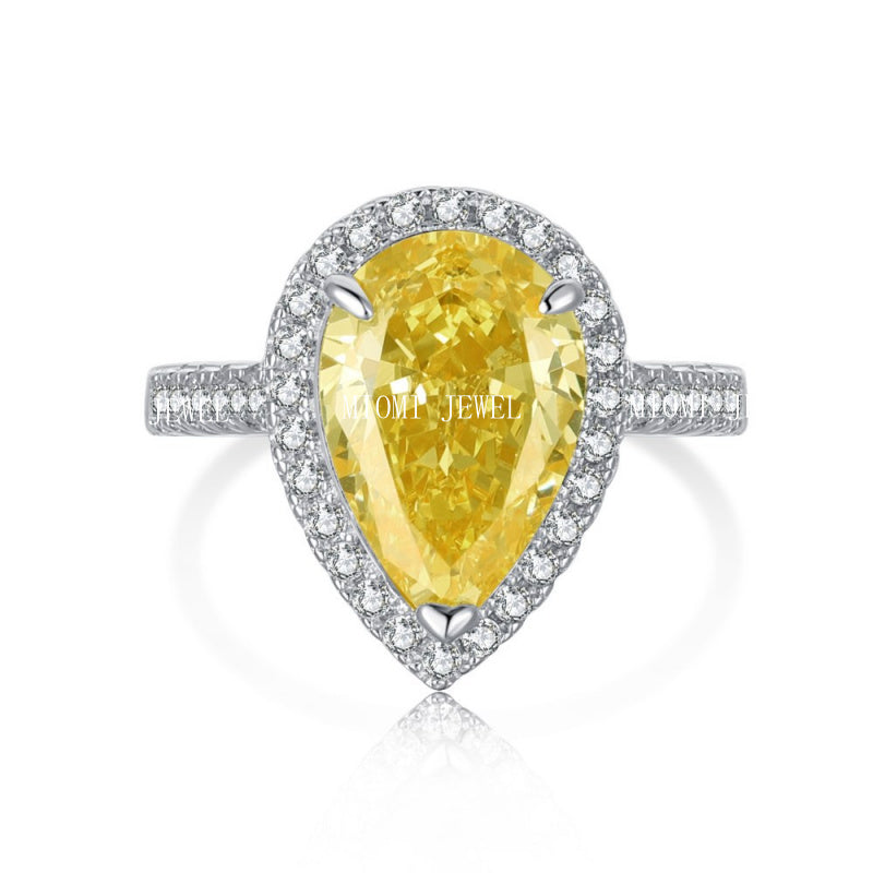 Cross-Border Hot S925 Sterling Silver Yellow Diamond Ring Female Noble Super Flash Ice Flower Cut High Carbon Diamond 8A Zircon Ring