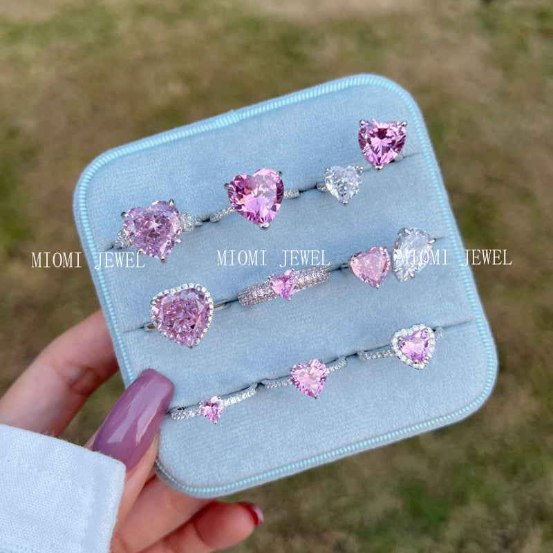 925 Sterling Silver Women's INS Heart Pink Ring Pink Diamond Sugar Cube Super Sparkling High Carbon Diamond Ring Wedding Ring