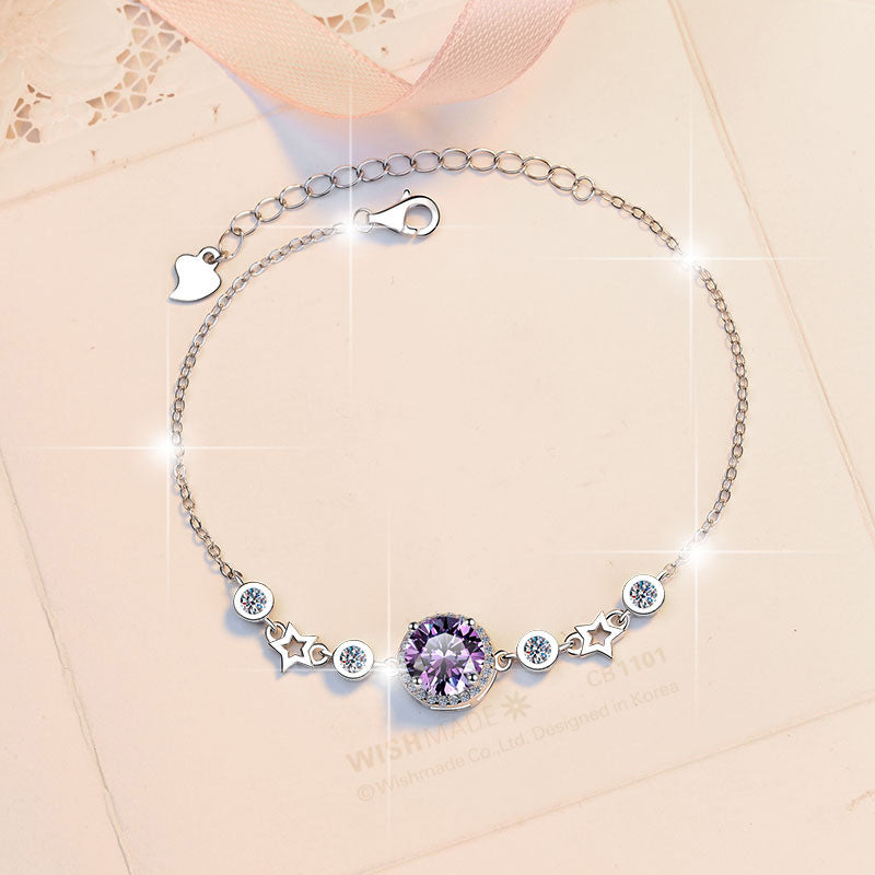 s999 Silver Bracelet OriginalJewelry Simple Round Star Birthstone Jewelry Moissanite Bracelet