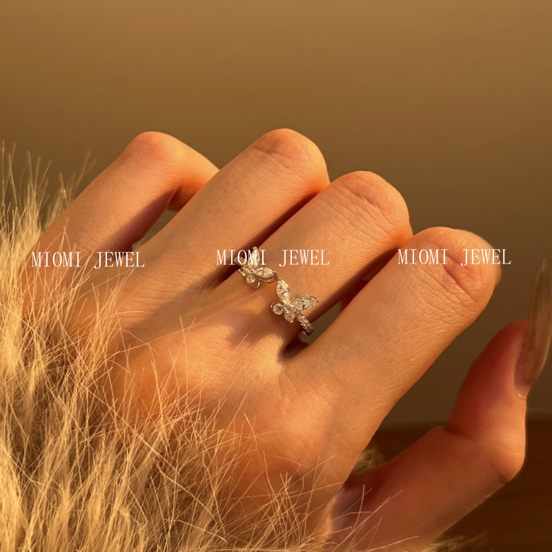 S925 White Marquise Round Zircon Inlaid Butterfly Design Open Fashion Exquisite Light Luxury Korean Style Ring