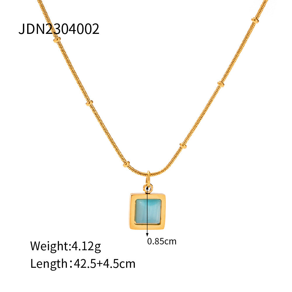 2023 New Stainless Steel Blue Cat's Eye Stone Square Necklace Niche Design High-end Necklace Fashion Item